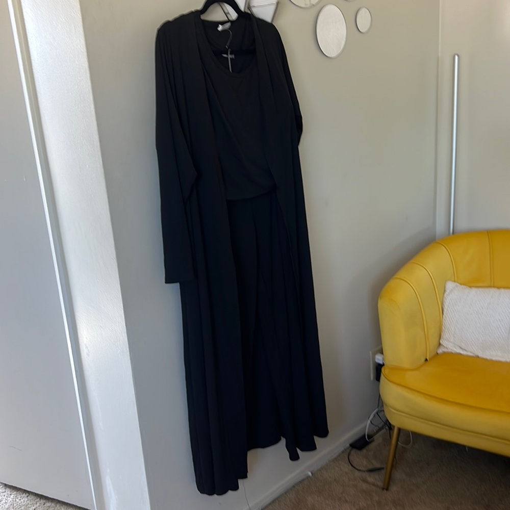 Ekouaer Knit set with wide leg pants, cropped top, and duster